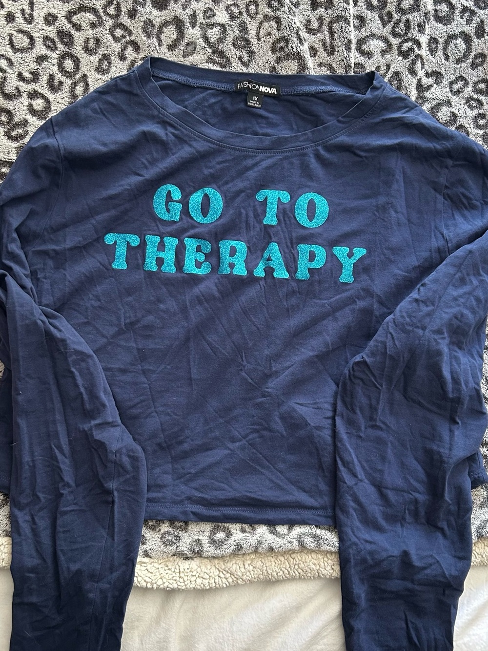 Fashion Nova Navy Long Sleeve Top with Go To Therapy teal lettering